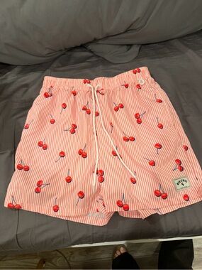 Men’s Cherry Print Pink Stripe Swim Shorts